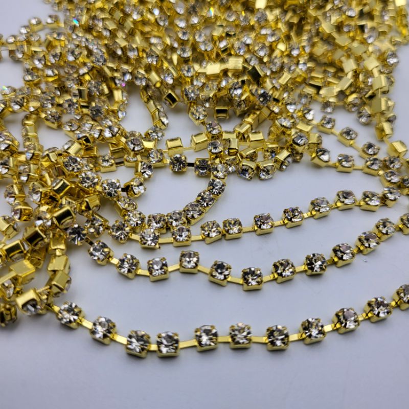APLIKASI SS 16 RANTAI CANGKANG UKURAN 4 MM RENGGANG WARNA GOLD EMAS PER METER KUALITAS BAGUS KILAU GRADE AA