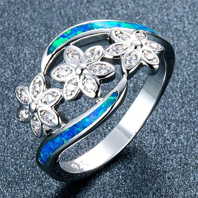 Opal Diamond Three Flowers Female Ring