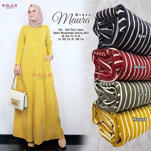 Dress Maura | Dress Twill Paris Import | Dress Murah Solo | Dress Hijab | Dress Motif Garis | Gamis