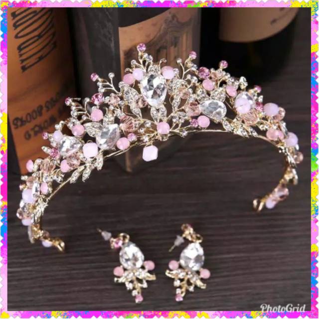 Mahkota Set Anting Pink Import Elegant / Pink Wedding Crown / Tiara Pengantin set anting pink import