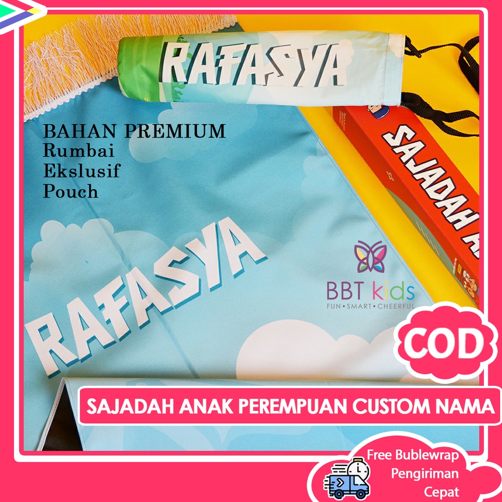 SAJADAH ANAK PEREMPUAN CUSTOM NAMA FULL PRINTING PREMIUM EMPUK ELEGAN PRAKTIS PLUS TAS POUCH