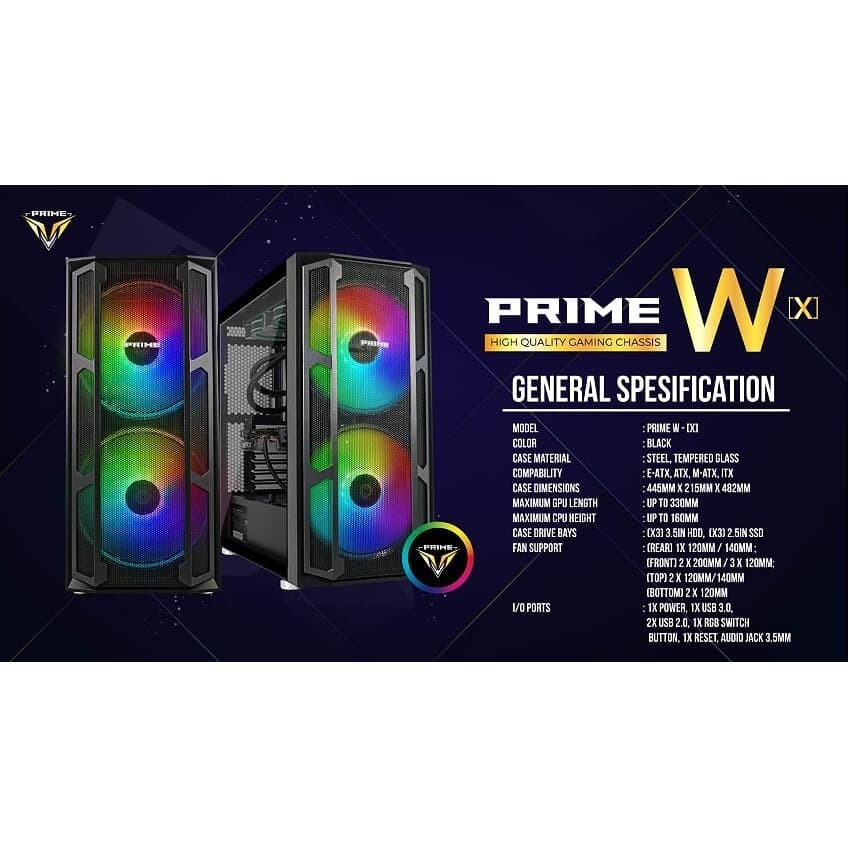 PRIME W-[X] - PREMIUM GAMING CASE 0.7mm STEEL - FREE 2PCS 20CM RAINBOW