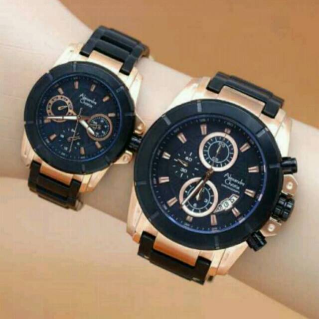 Jam Tangan Couple Elegant Exclusive Alexandre Christie Italy Original Sport Black Rosegold Limited