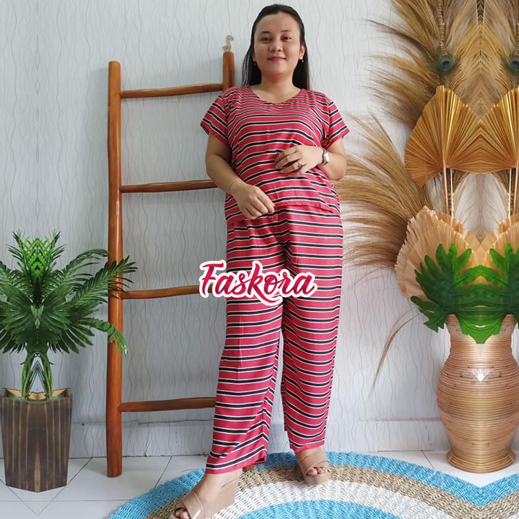 Piyama Wanita Dewasa Jumbo / Pajamas Rayon Set Lengan Pendek / Setelan Rayon Jumbo Pendek XXL Salur