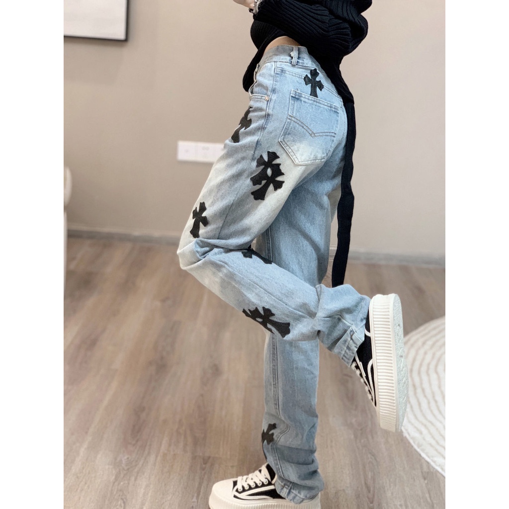 celana jeans high waist wanita high street croix heart blue cross jeans women hiphop straight pants