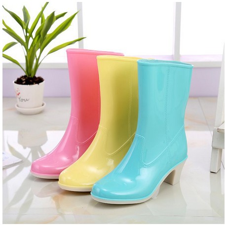 Sepatu Wanita Jelly Boots High Heels Anti Air Non Slip Bahan Pvc Elastis Warna Pink Kuning keren
