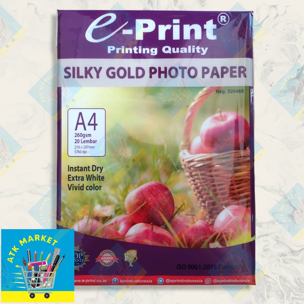 

(1pack = 20 LMBR) E-Print / EPRINT A4 Silky Gold Photo Paper / Kertas Foto 260gsm