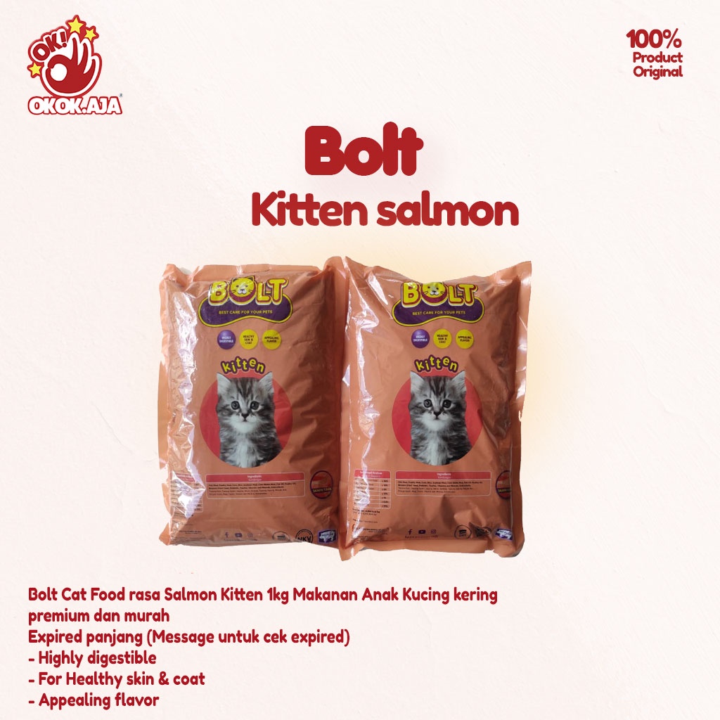 Makanan anak kucing kering premium murah BOLT Kitten rasa Salmon kemasan 1kg nett