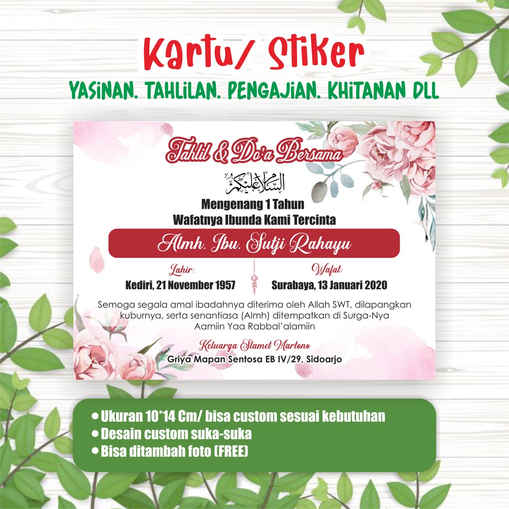 

STIKER KARTU MENGENANG MENINGGAL 7 HARI 40 HARI 100 HARI 1.000 HARI YASINAN TAHLILAN