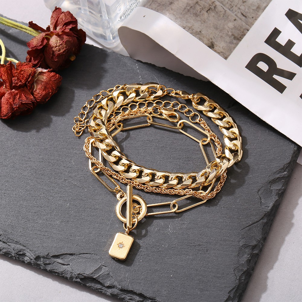 YEEZII Gelang Tangan Rantai Banyak Lapis Bahan Metal Aksen Batu Zircon Kotak Gaya Korea Untuk Wanita