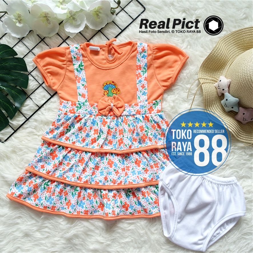 RB TOKO RAYA 88, Setelan Dress Bayi 3-18 Bln, Motif Overall Bunga Mushroom Bordir, Baju Lebaran Anak