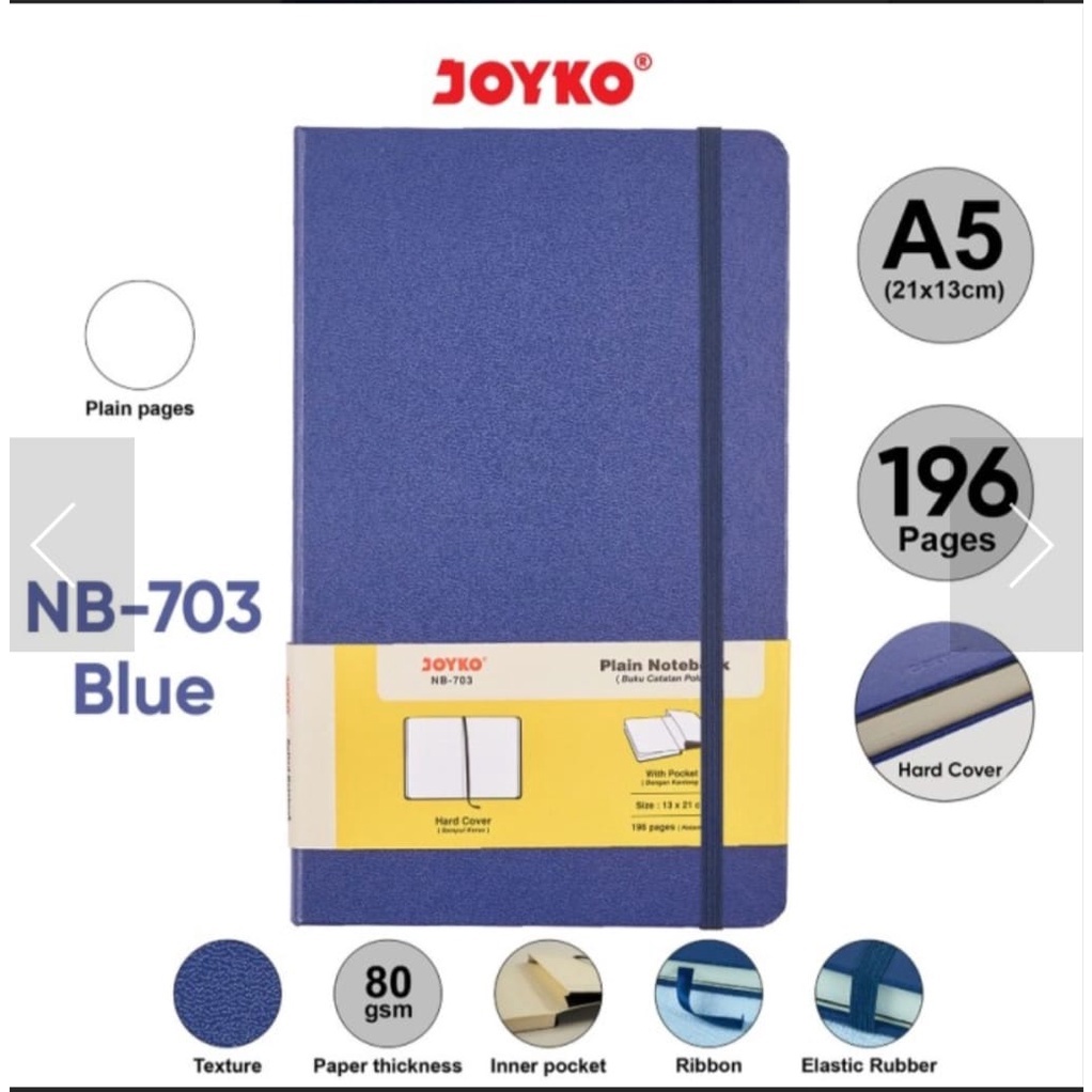 PLAIN HARDCOVER NOTEBOOK A5 | POCKET | JOYKO NB-703 | DIARY | BUKU CATATAN POLOS | 196 hal | 80 gsm-BIRU