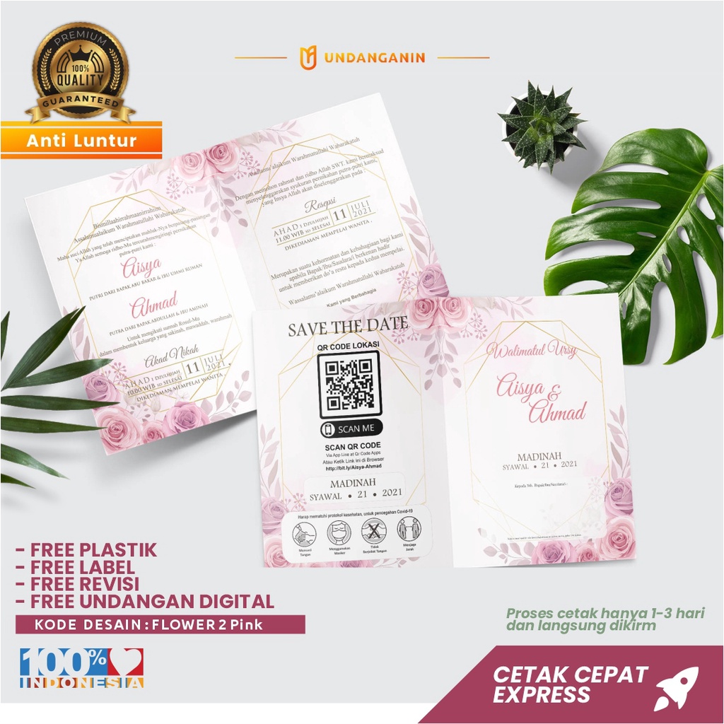 Undangan Pernikahan / Khitanan Anti Air dan Anti Luntur Custom Cetak Bolak Balik Murah Berkulitas Da