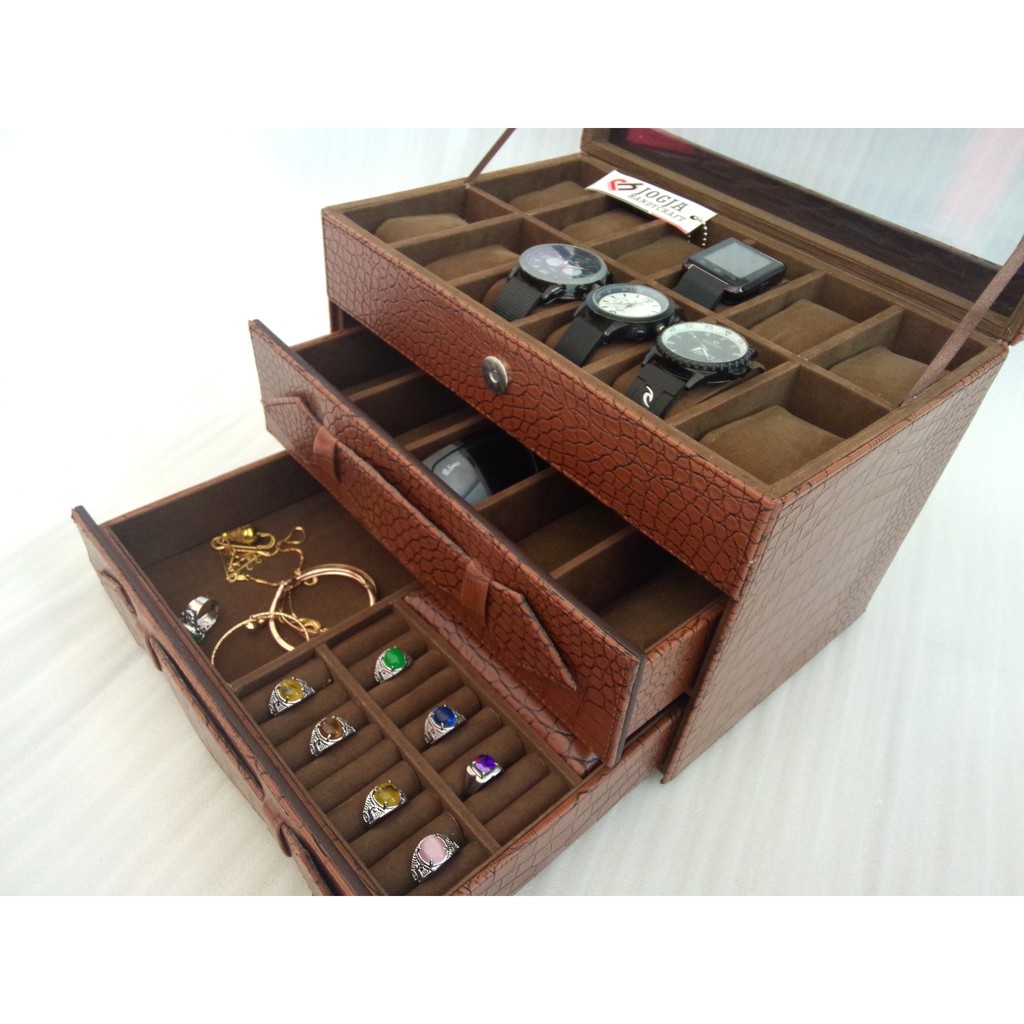 Elegan Brown Croco Wacth Box mix Glassen # Accesories Holder / Tempat jam tangan 3in1