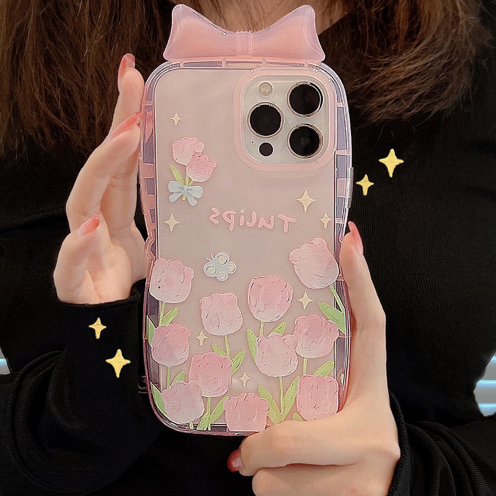 Case Pelindung Desain Tulip Pink Transparan Dengan Pita 3D Untuk Iphone X XR XS 11 12 13 14 PLUS PRO MAX