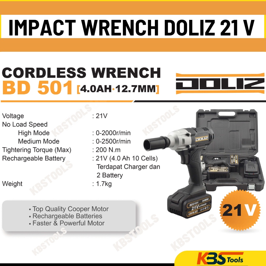 Bor Cordless Impact Wrench DOLIZ 21V 2 Baterai - Pembuka Baut BD 501