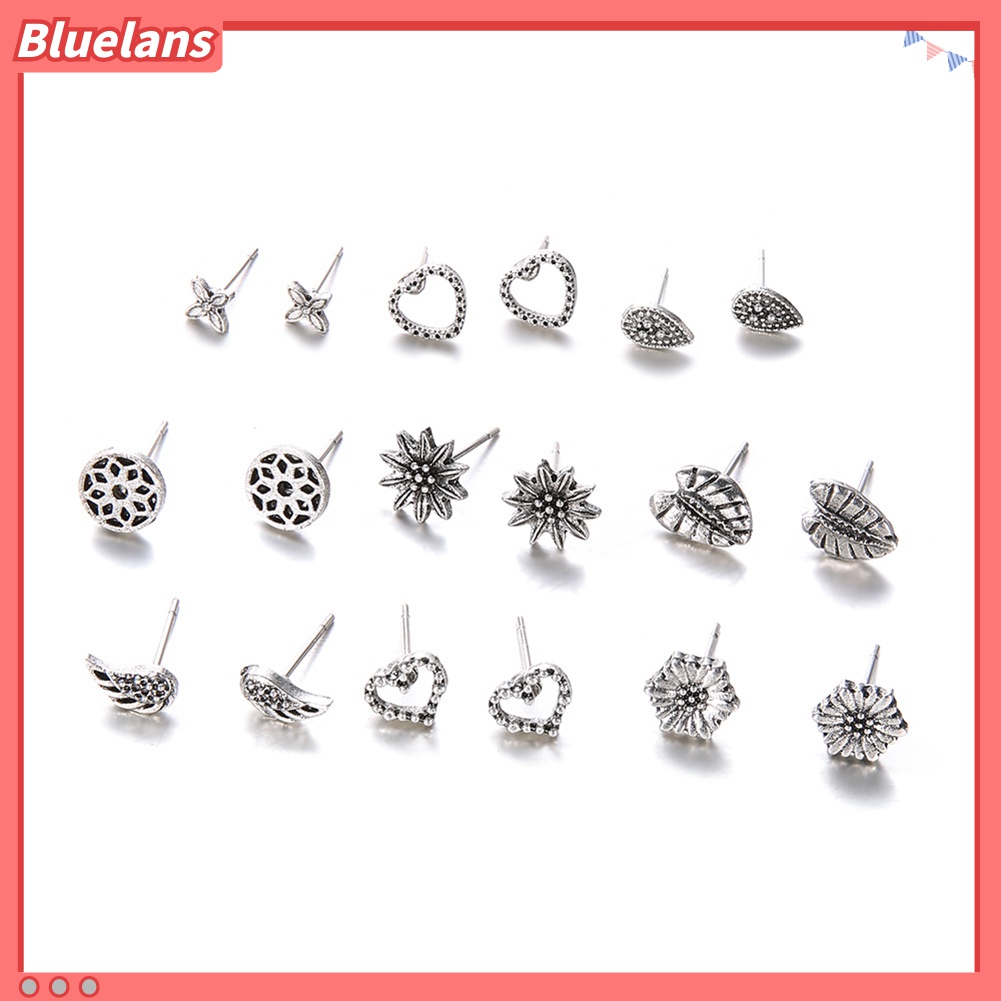 9 Pasang / Set Anting Stud Desain Hati Daun Bunga Gaya Retro Bohemia Untuk Wanita