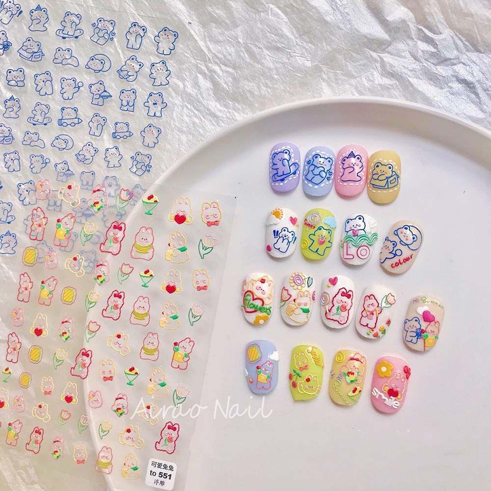 AUGUSTINA Agustina Kelinci Nail Art Stiker Lucu Indah Floret Perekat Relief Kartun Manikur Aksesoris