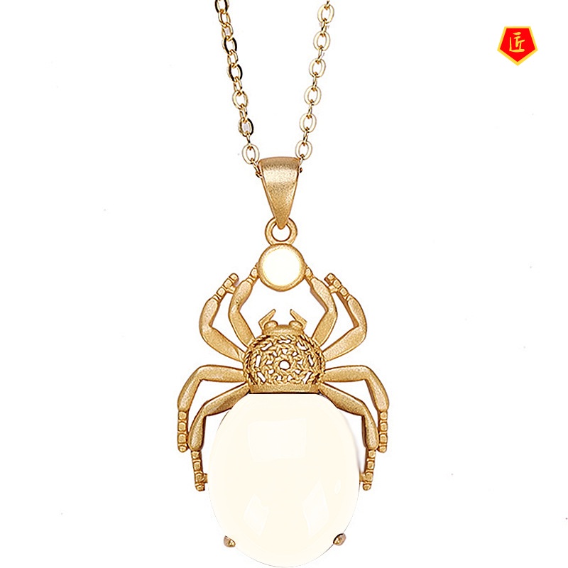 [Ready Stock]Spider-Shaped Hetian Jade Egg Surface Necklace Creative Personality