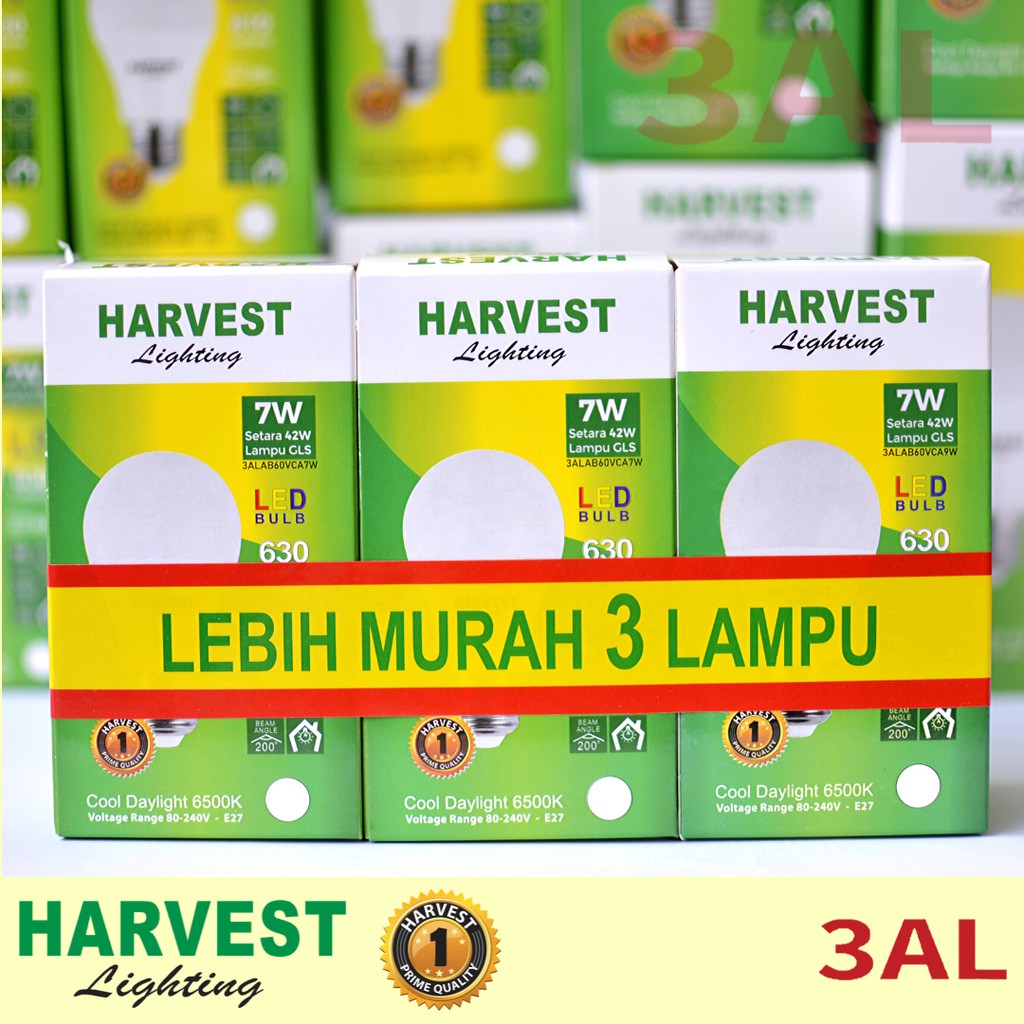 7W - Paket Isi 3 - HARVEST LIGHTING Lampu Bohlam LED A Bulb  7 Watt Lampu Hemat Energi Original Bersertifikasi SNI dan Bergaransi