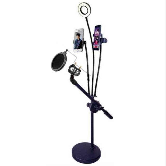 Microphone Stand Lazypod with 2xSmartphone Holder &amp; Ring Light Lampu Led