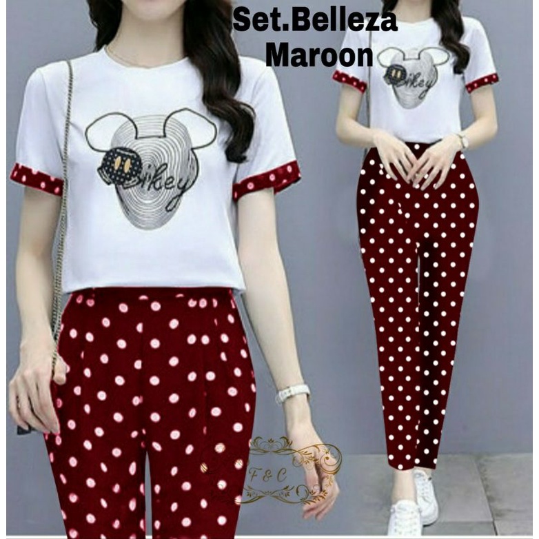 2 UKURAN M L SET BELLLEZA PAKAIAN WANITA SETELAN ATASAN DAN CELANA BAHAN BABYTERRY FEHM