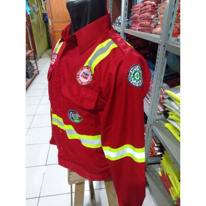 SERAGAM SAFETY HSE FULL LOGO DEPAN DAN PUNGGUNG KANCING MERAH KAIN DRILL ADEM TEBAL