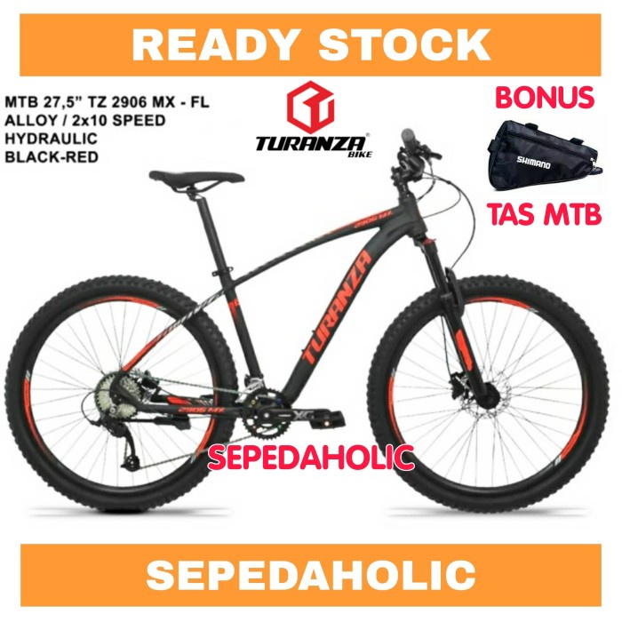 Sepeda Gunung 27.5 Inch MTB TURANZA TZ 2906 MX FL Alloy Hidrolik - Black Red, BONUS TAS MTB
