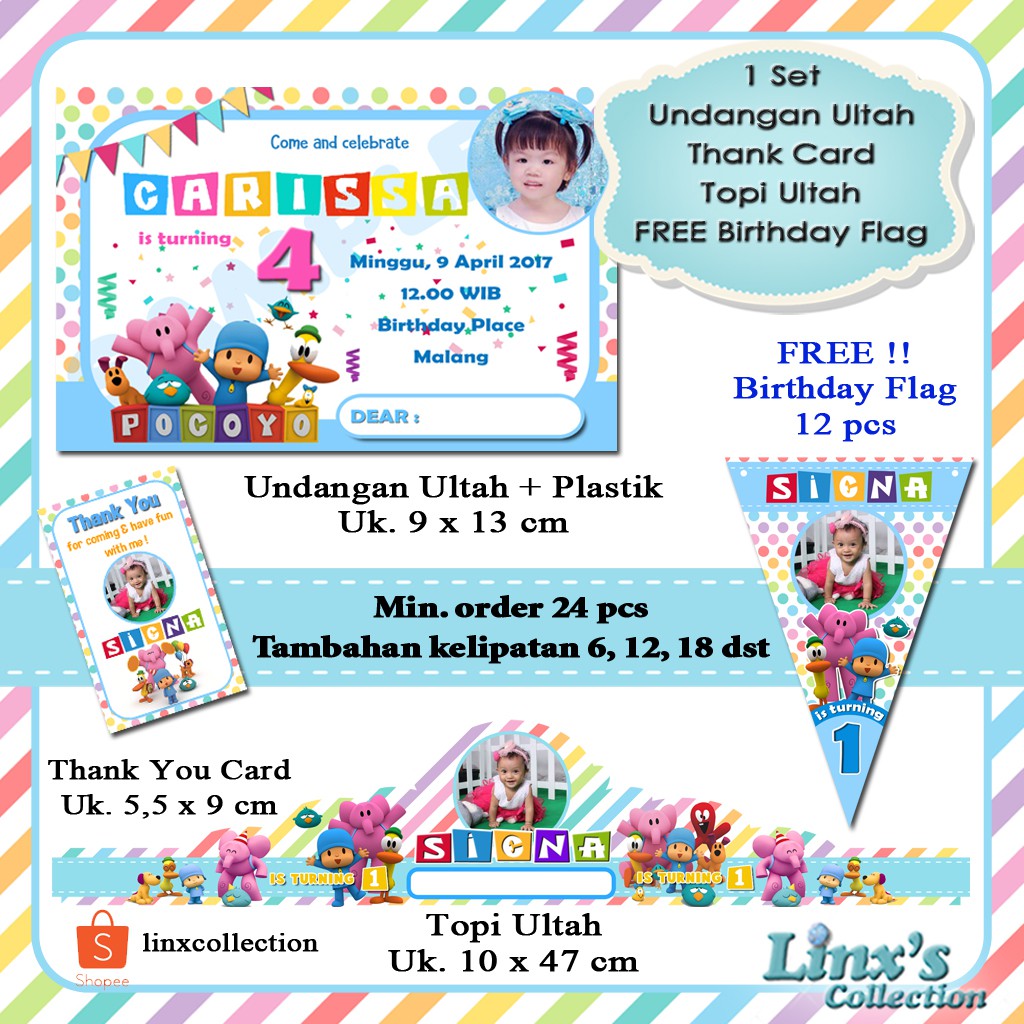 Souvenir Ultah 1 set undangan Ultah Anak/Kartu souvenir/topi ulang tahun Pocoyo