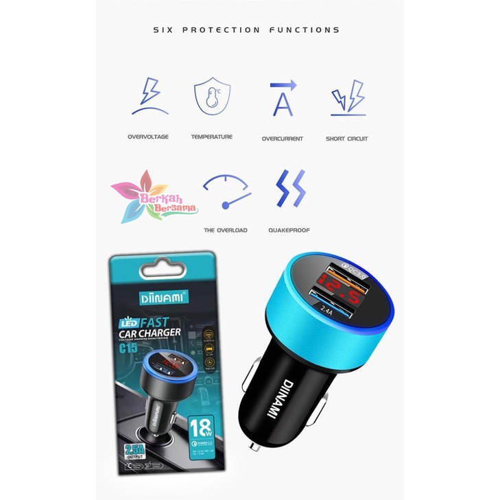 Batok Saver mobil Cashan mobil DIINAMI C15 dual usb 2.5amper LED display ORIGINAL kualitas fast Charger BB7018