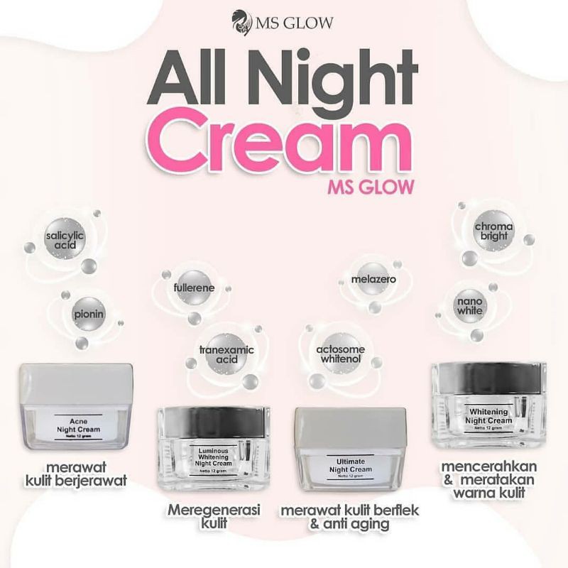 night cream ms glow/night cream ms glow whitening/Ultimate/night cream acne ms glow/Liminous ms glow