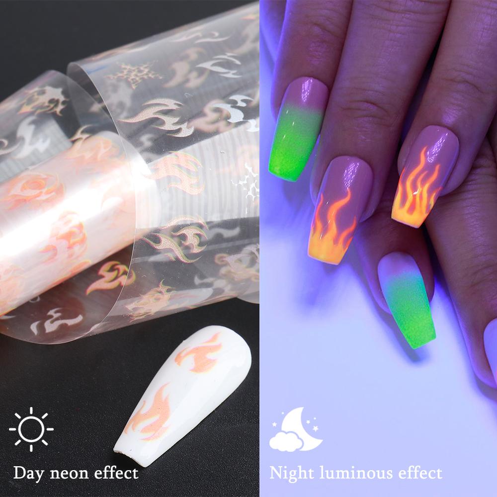 MXBEAUTY Women Neon Flame Nail Foil Sliders Decals Fluorescent Nail Transfer Foil Set Manicure Tool DIY Nail Art Design Nail Art Stickers 10pcs Assorted Stickers Luminous Fire Foil/Multicolor