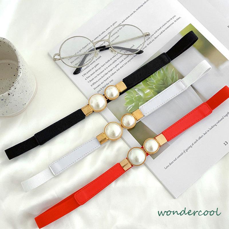 Temperamen Retro Pearl Sepasang Ladies Thin Belt Dresses Loose Elastic Belt Terhubung Segel Pinggang Sempit -Won