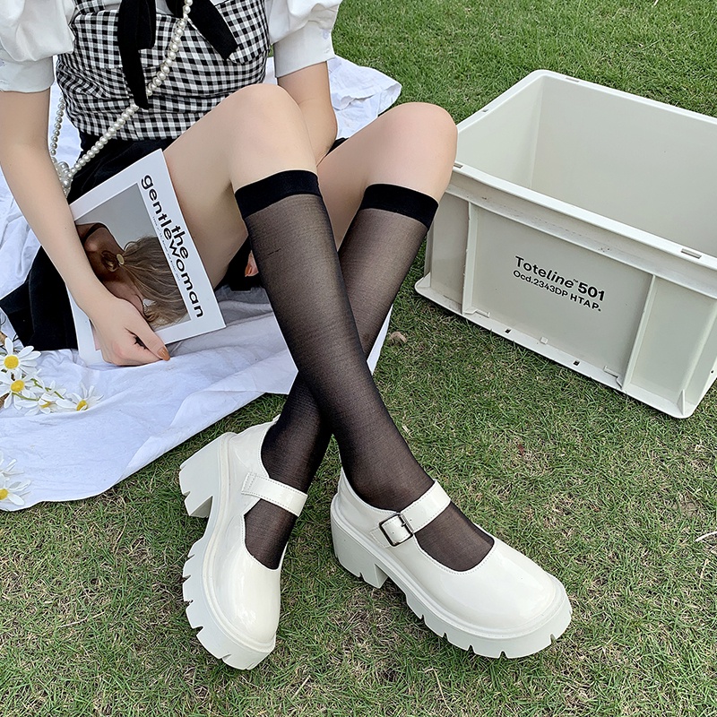 Sepatu Mary Jane Hak Tahu Wanita Import Murah Kulit Putih Hitam 6cm Chunky Block Heels Black White Platform Shoes - Ukuran 35 36 37 38 39 40