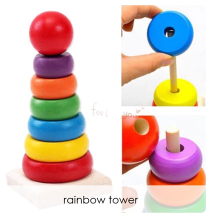 HAPPYTOYS.888 #A49 RAINBOW TOWER / MENARA TOWER DONUT / MENARA PELANGI / RING DONUT KAYU / MAINAN EDUKASI KAYU