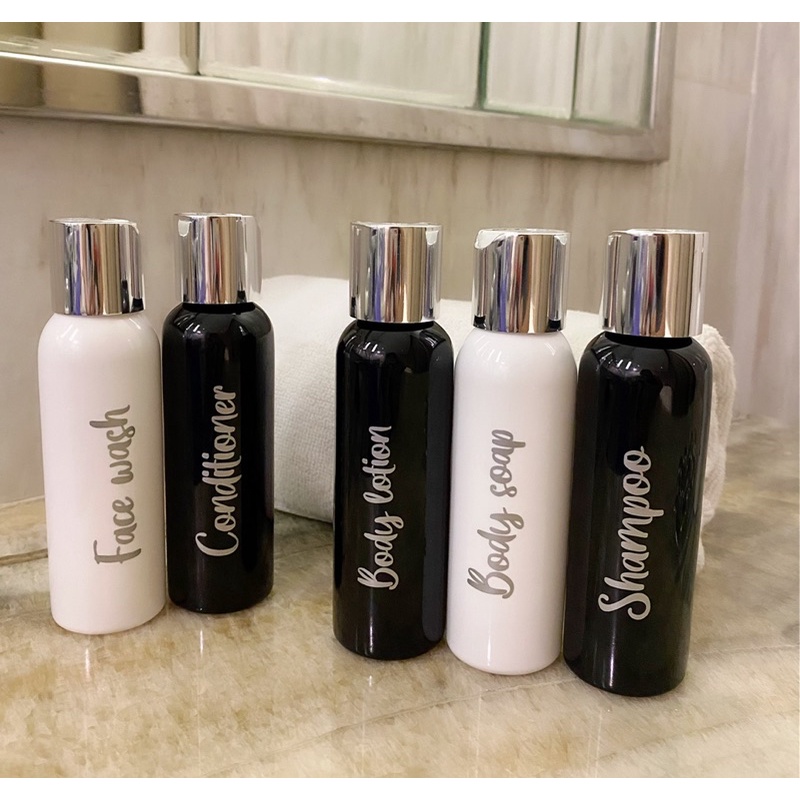 Botol 100ml HITAM/PUTIH TRAVEL SIZE silver kecil  LUXURY. aesthetic bottle refill tempat sabun cair pump estetik