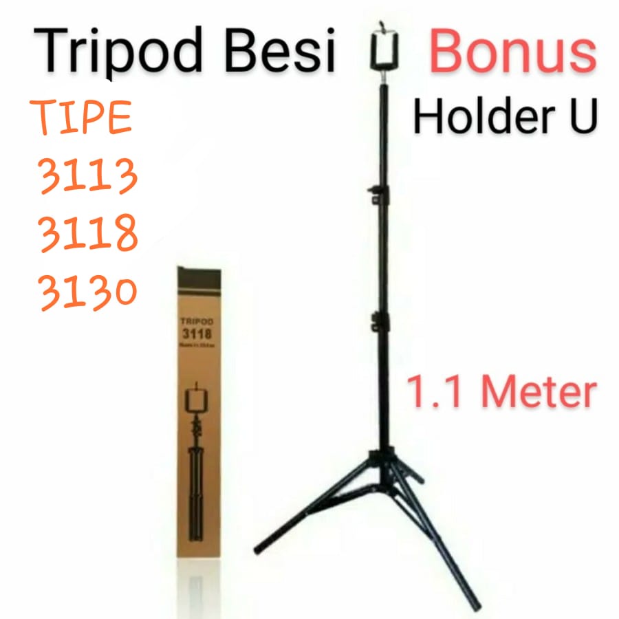 Tripod Besi 3113 3118 3130 Kamera / Handphone 1.1 Meter Warna Hitam phone holder free holder u tripod 1 meter bahan besi