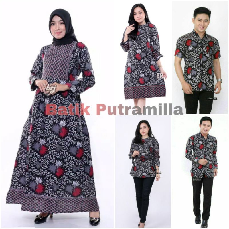 Batik couple gamis batik modern terbaru ukel abu - Batik Putramilla