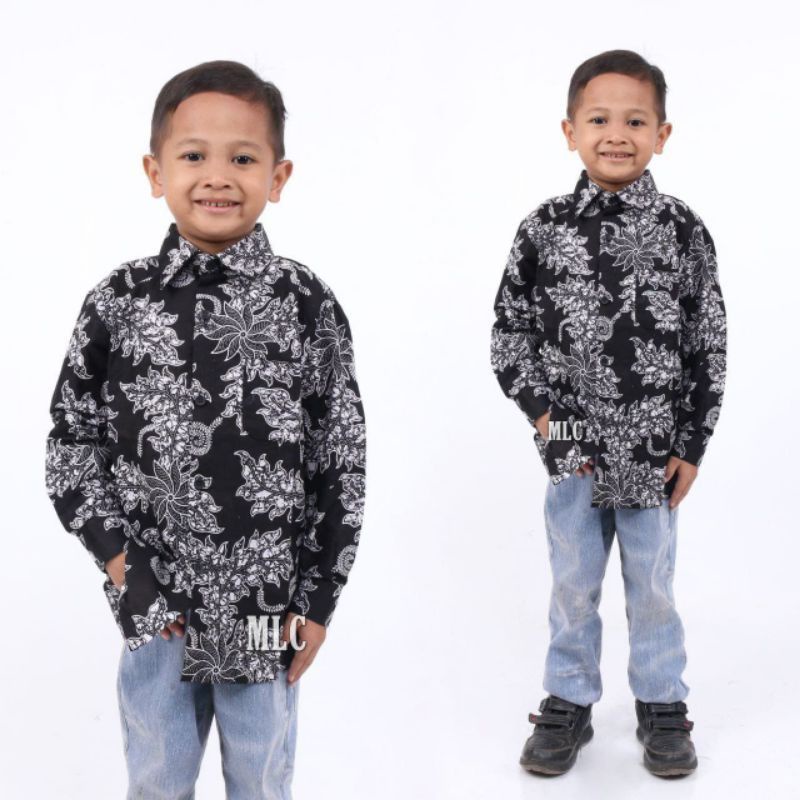 Kemeja Batik Anak Pria Baju Batik Anak Lengan Panjang Motif Godong Po'ong Monocrom