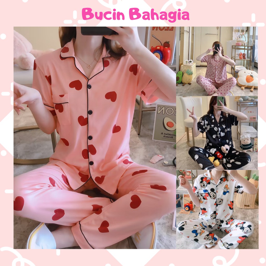 Baju Tidur Wanita Piyama Model Kemeja Lengan pendek Celana Panjang Pijamas BT04