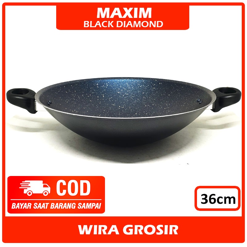 Maxim Kuali Black Diamond Tanpa Minyak 36cm | Wajan Cekung | Penggorengan Anti Lengket | Teplon