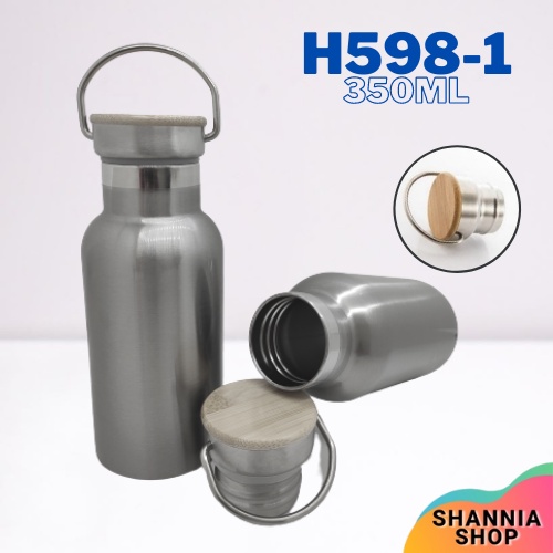 H598-1 [ SILVER ] Termos Tutup Bambu MINI  350 ML / Botol Stainless Steel Tahan Panas