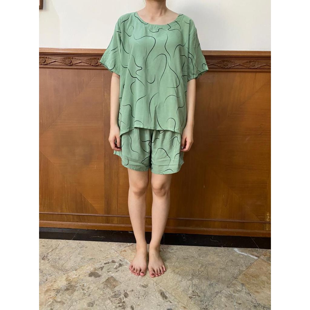 Daily Set / Pajamas Set / Piyama Set  - Tangan Pendek , Celana Pendek (SU)-Motif Tali Mint