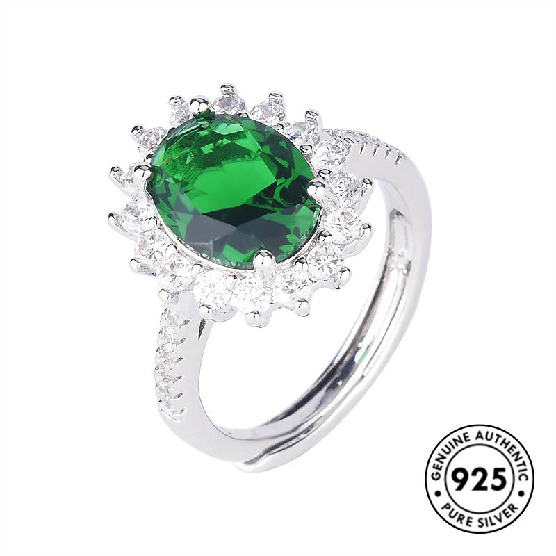 Cincin Sterling Silver 925 Dengan Batu Emerald Oval Elegan Untuk Wanita