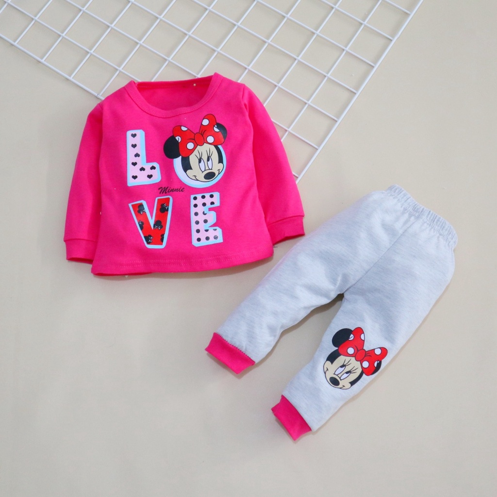 Setelan Motif Love Minnie / Baju Bayi Perempuan / Baju Anak Cewek Usia 3 Bulan-2 Tahun / baju bayi 0