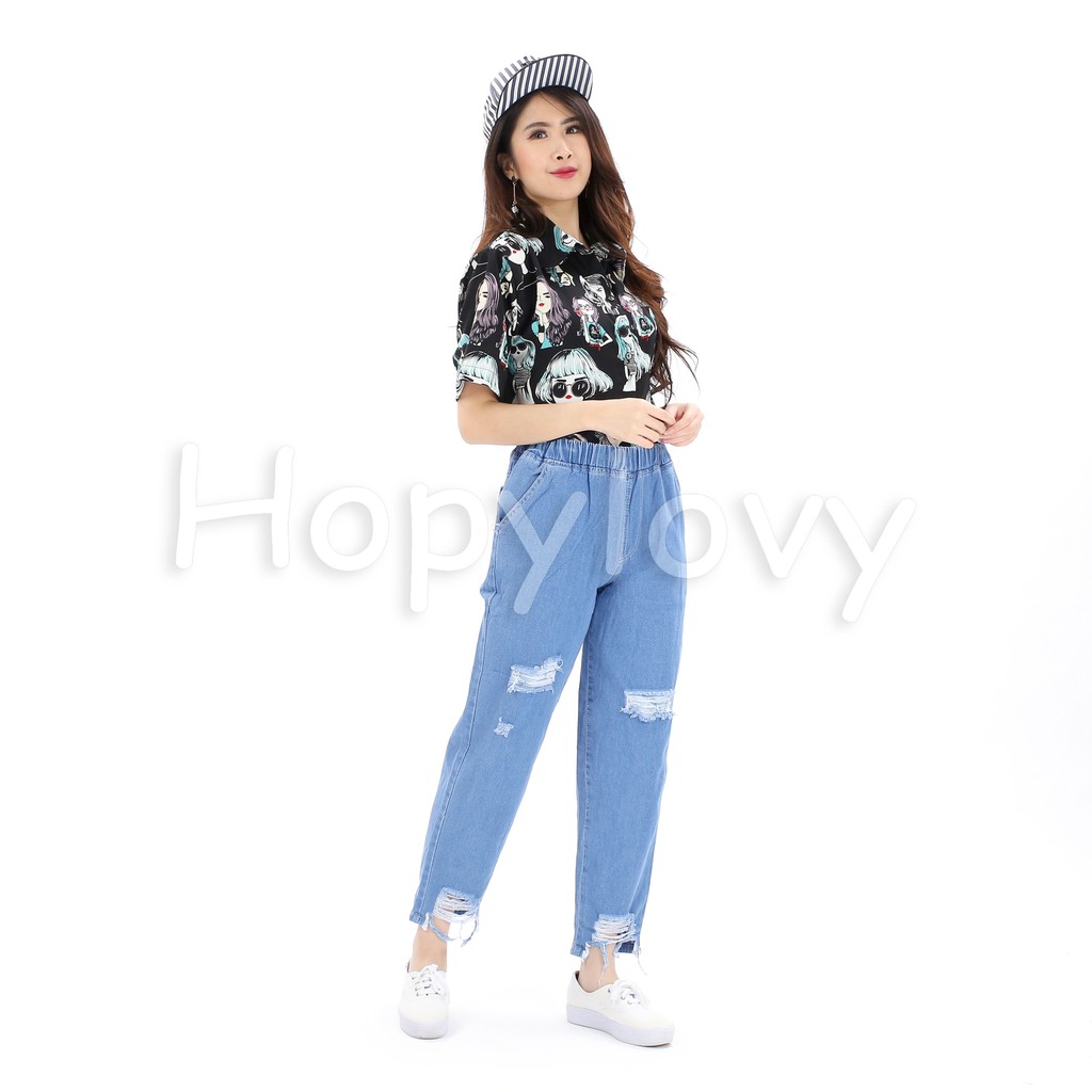 HOPYLOVY - Celana Boyfriend Jeans Wanita Pinggang Karet Sobek Ripped BF Charlie