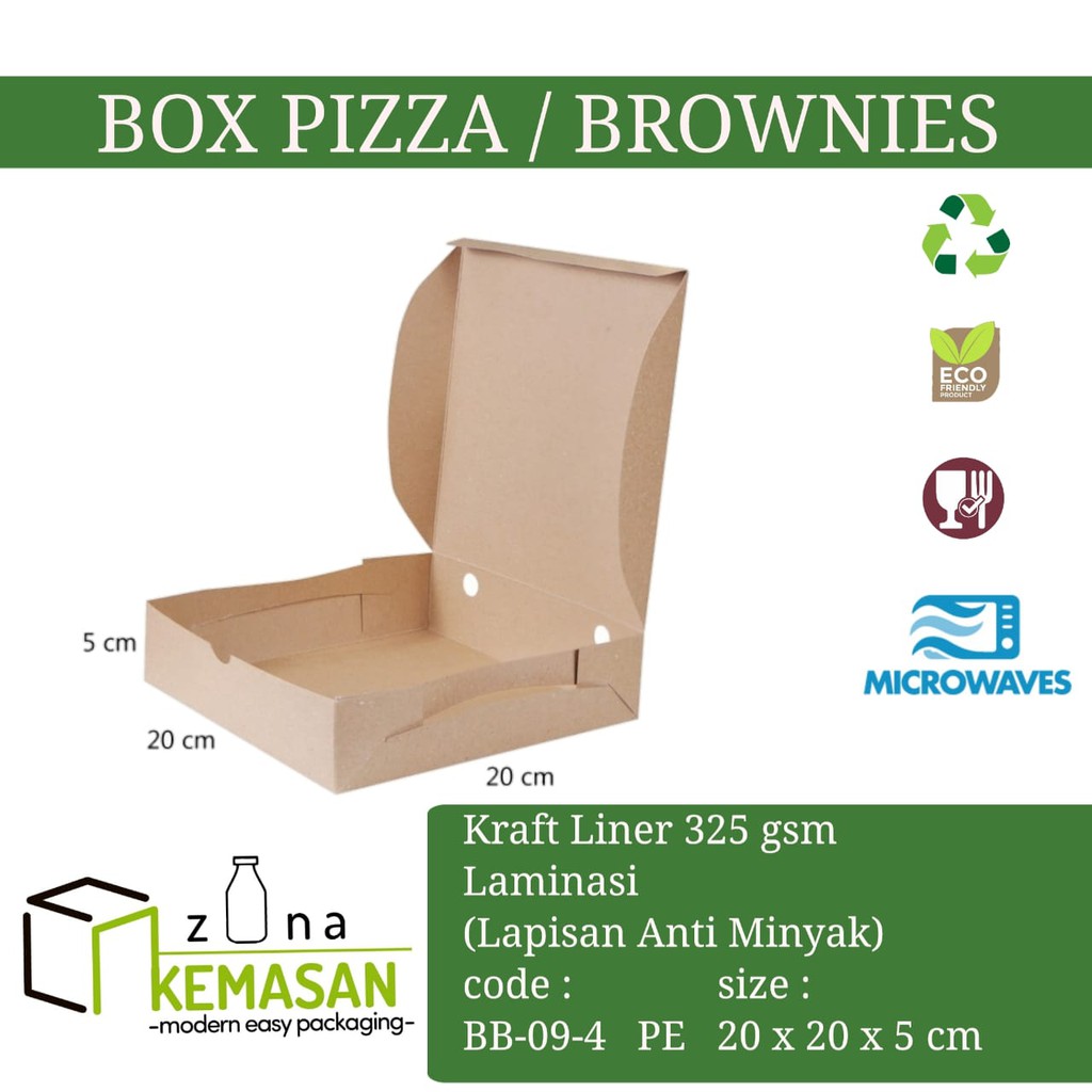 

KEMASAN BOX DUS KARDUS KOTAK PIZZA ROTI KUE BROWNIES 20x20x5 cm KRAFT 325 gsm LAMINASI