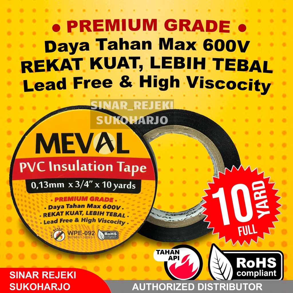 MEVAL ISOLASI LISTRIK PVC HITAM ELECTRICAL TAPE 3/4&quot; X 10 YARD