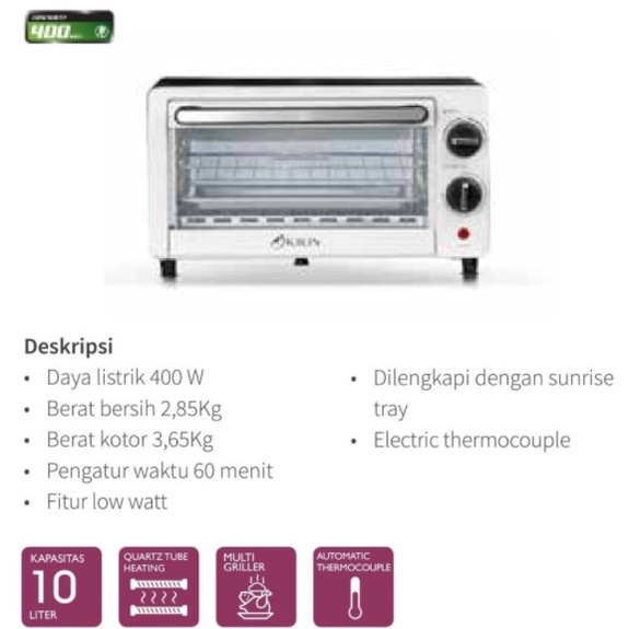 KIRIN Oven Listrik 10 Liter Low Watt KBO-100M LW KBO100M LW