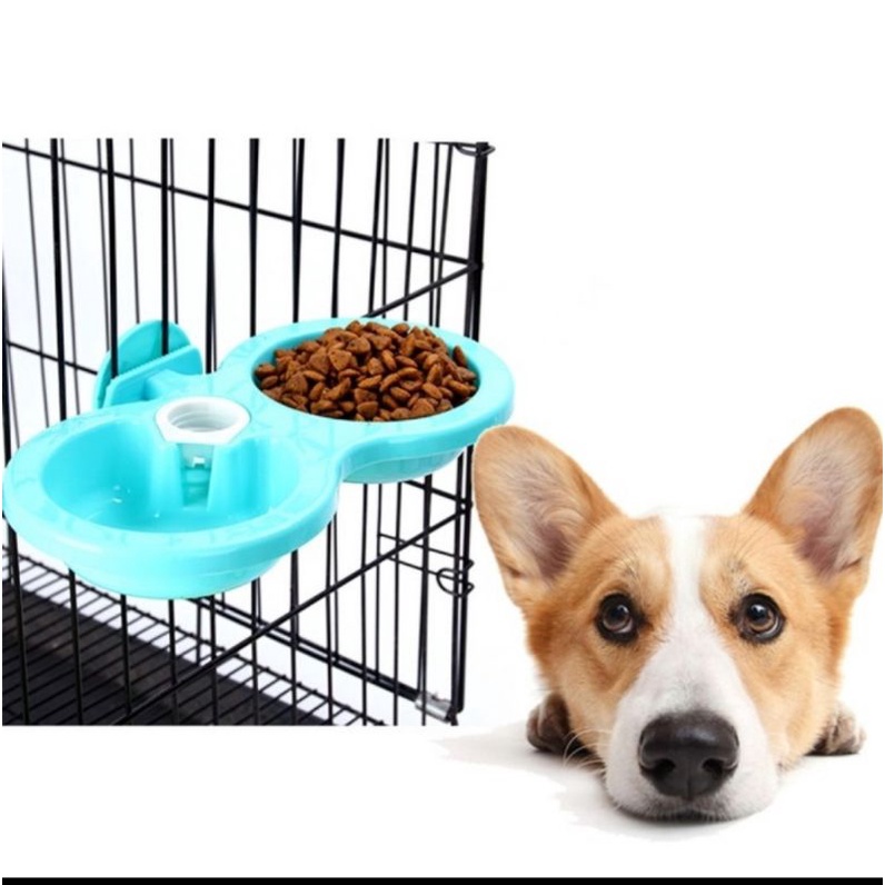 Tempat makan hewan double model gantung pet dish bowl feeder mangkuk anjing kucing dll mangkok dalam kandang